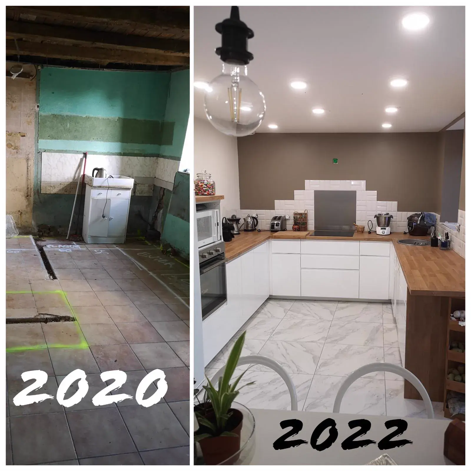 Rénovation complète d'une cuisine, avant en 2020 et après en 2022